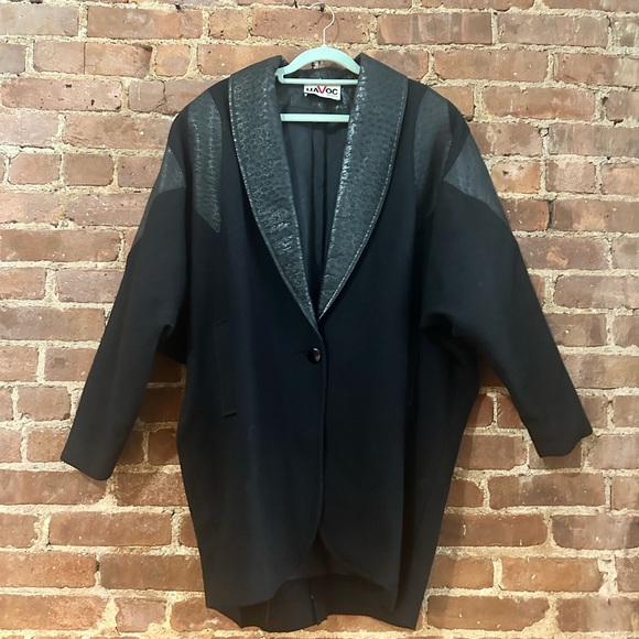 Vintage Havoc Black Wool Leopard Print Leather Batwing Oversized Blazer  Jacket